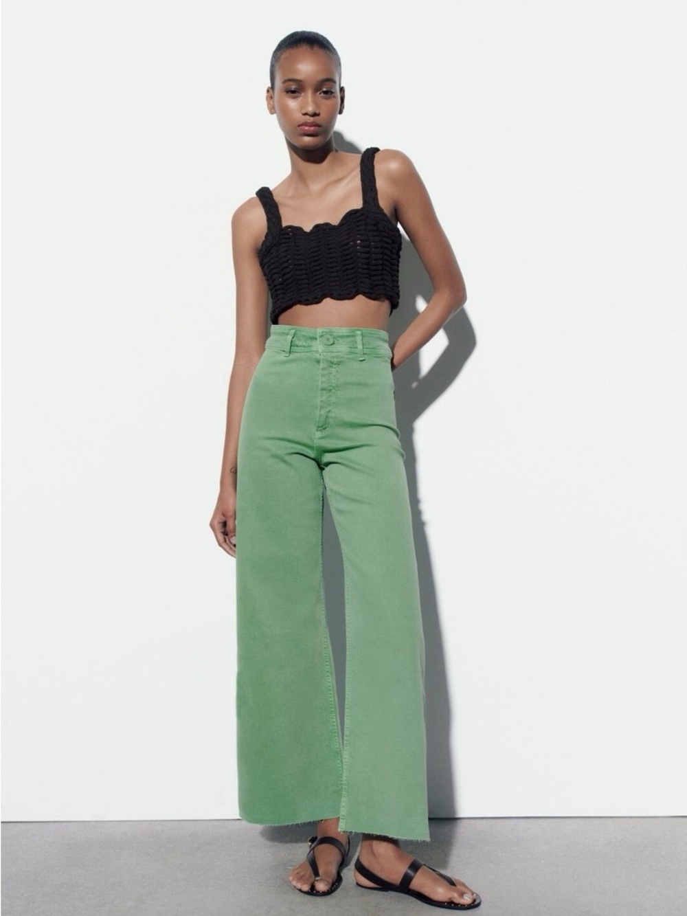 Zara Marine Jeans Wide-Leg High-Rise Pistachio Green Denim Sz 4